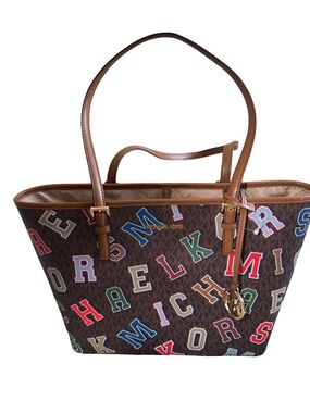 Michael Kors Jet Set Medium Carryall Tote Varsity Letter Brown